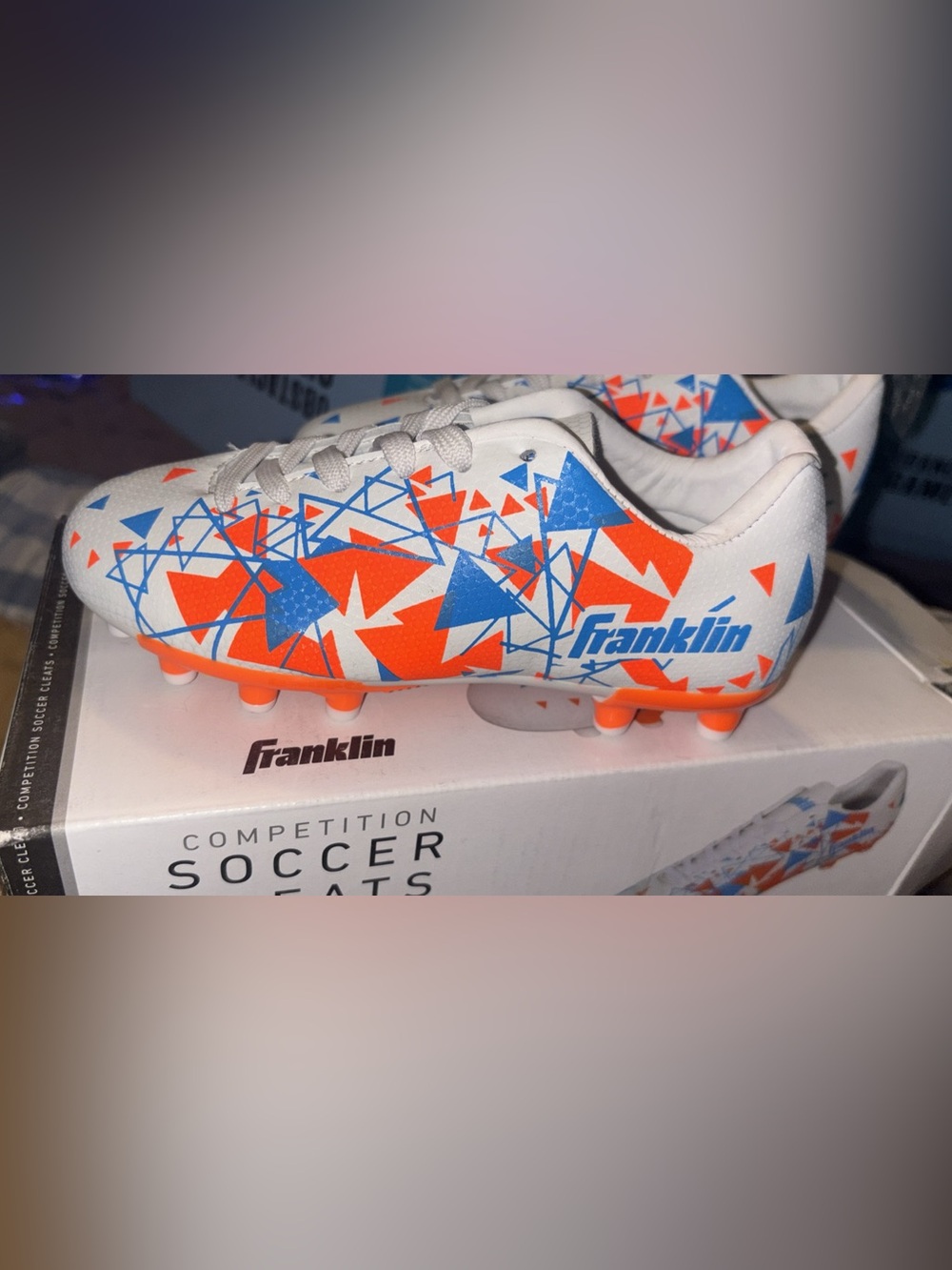 Franklin Kids Soccer Cleats - White with Orange & Blue Geometric
